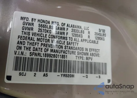 2002 Honda Odyssey Ex-L из США, поврежденный, VIN 5FNRL18992B011851